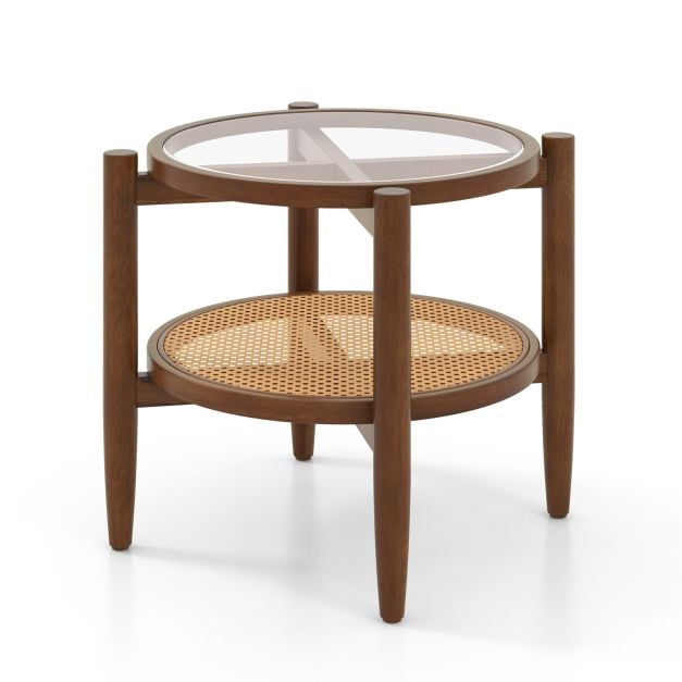 Round Rattan Side Table With Tempered Glass Top, 2-Tier