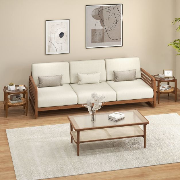 Round Rattan Side Table With Tempered Glass Top, 2-Tier