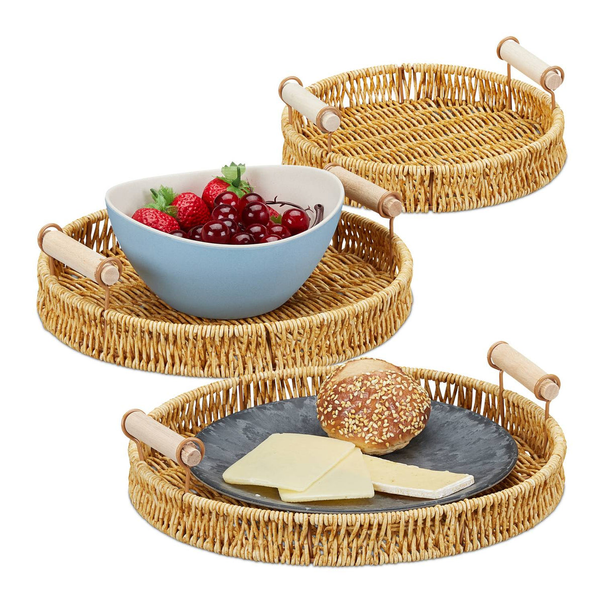 Round Serving Tray Set, Woven Plant Fiber, 3 Sizes