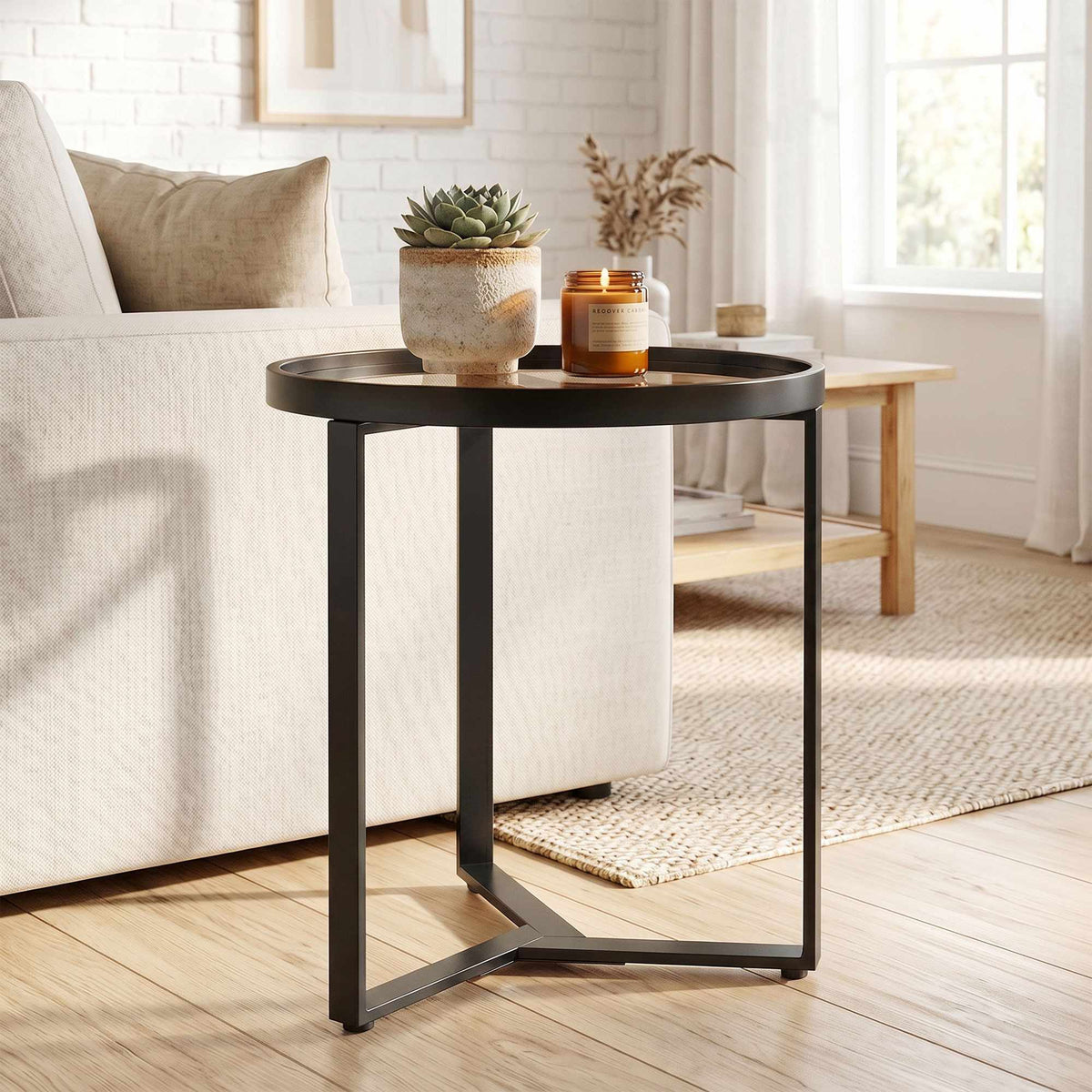 Round Side Table, Tempered Glass Top, Black 45 cm