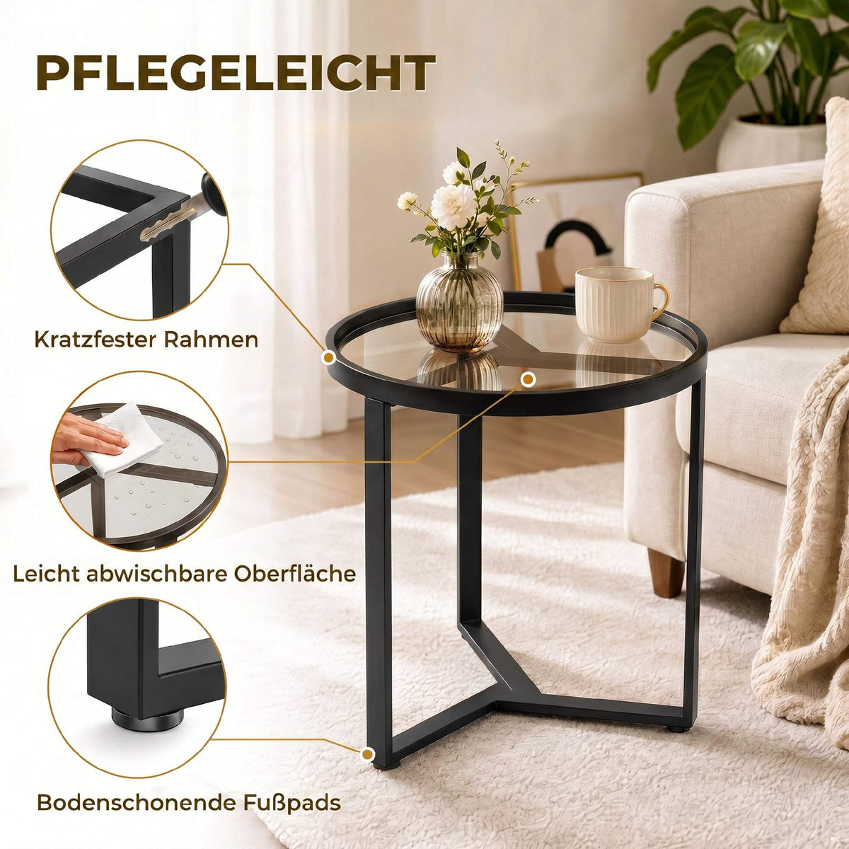 Round Side Table, Tempered Glass Top, Black 45 cm