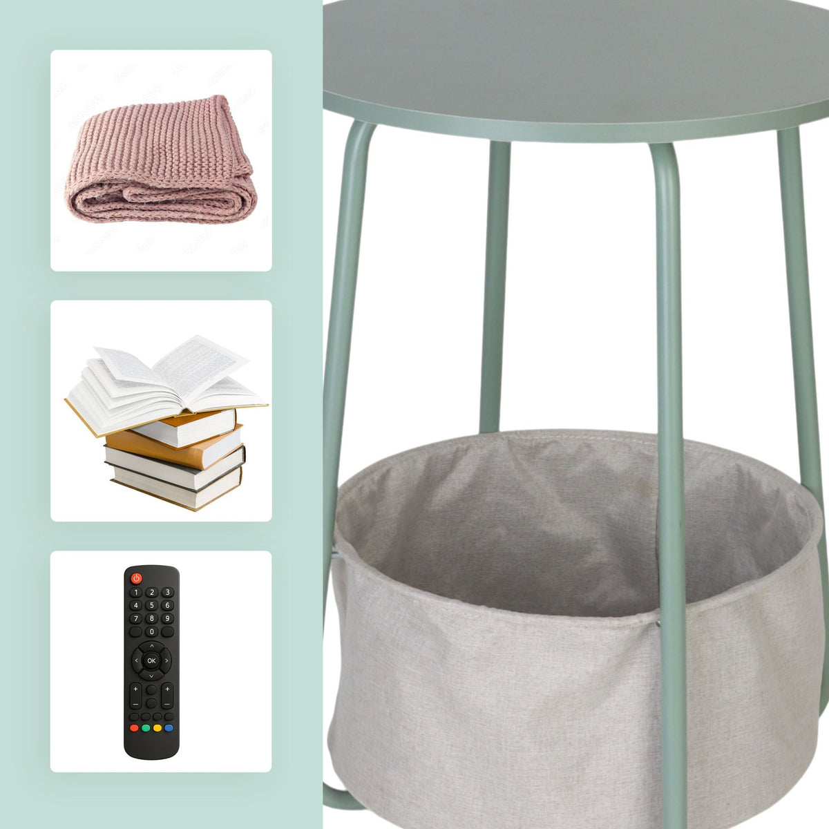 Round Side Table with Fabric Storage Basket