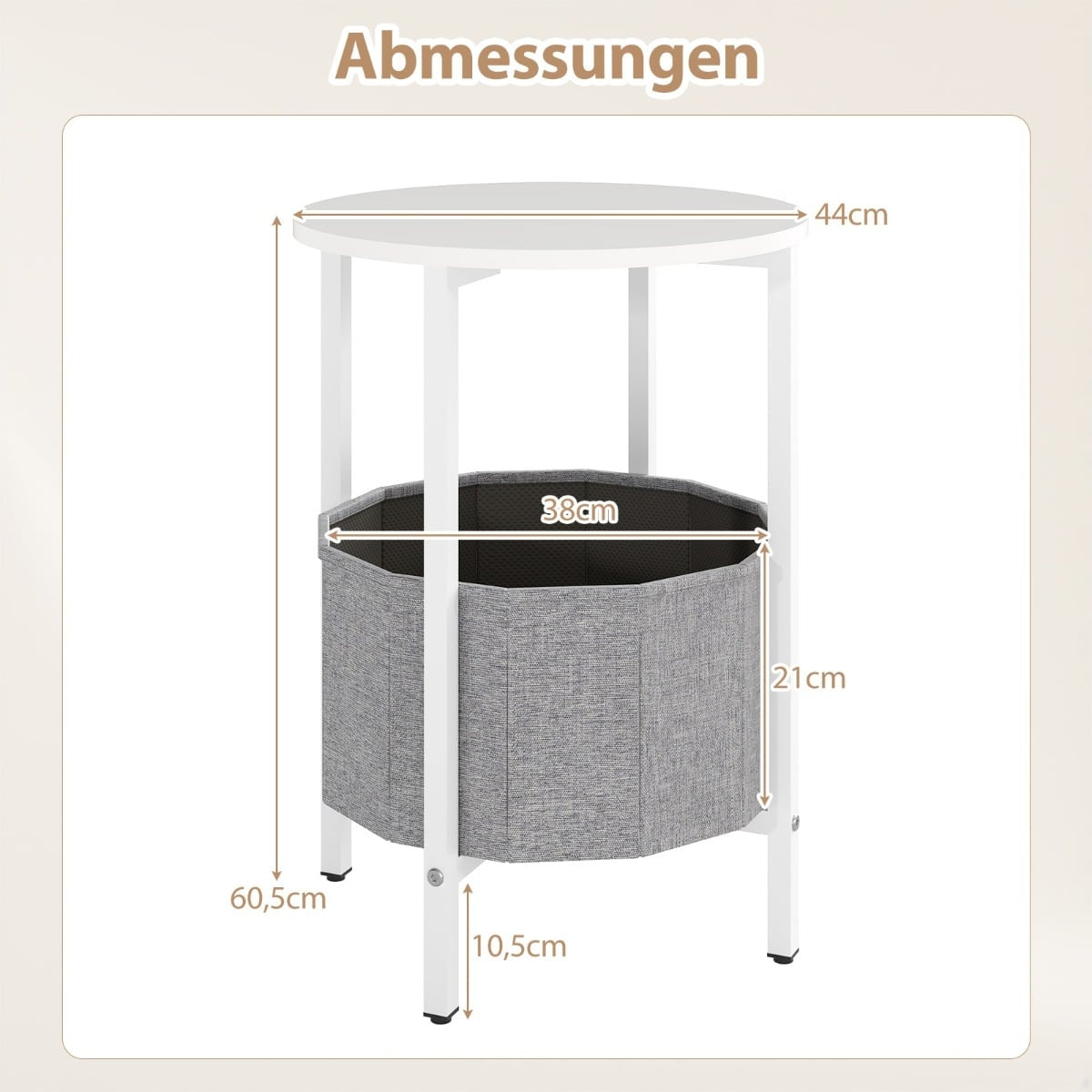 Round Side Table with Removable Felt Basket, Storage
