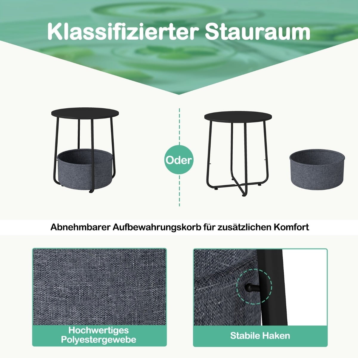 Round Side Table with Storage Basket, Black Metal Frame