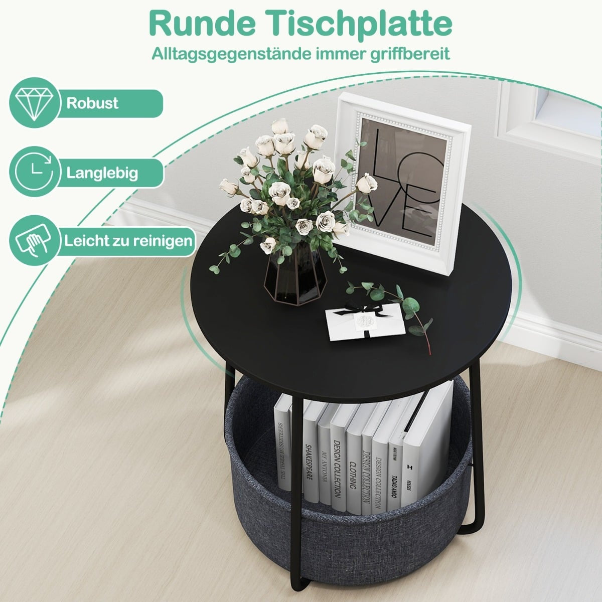 Round Side Table with Storage Basket, Black Metal Frame