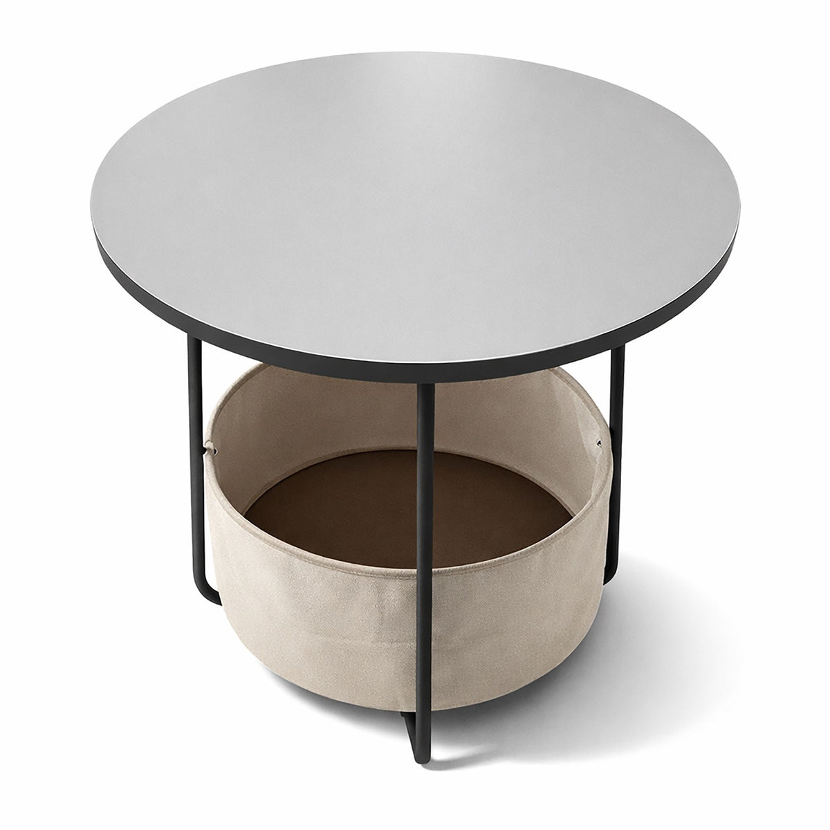 Round Side Table with Storage Basket, Metal Frame