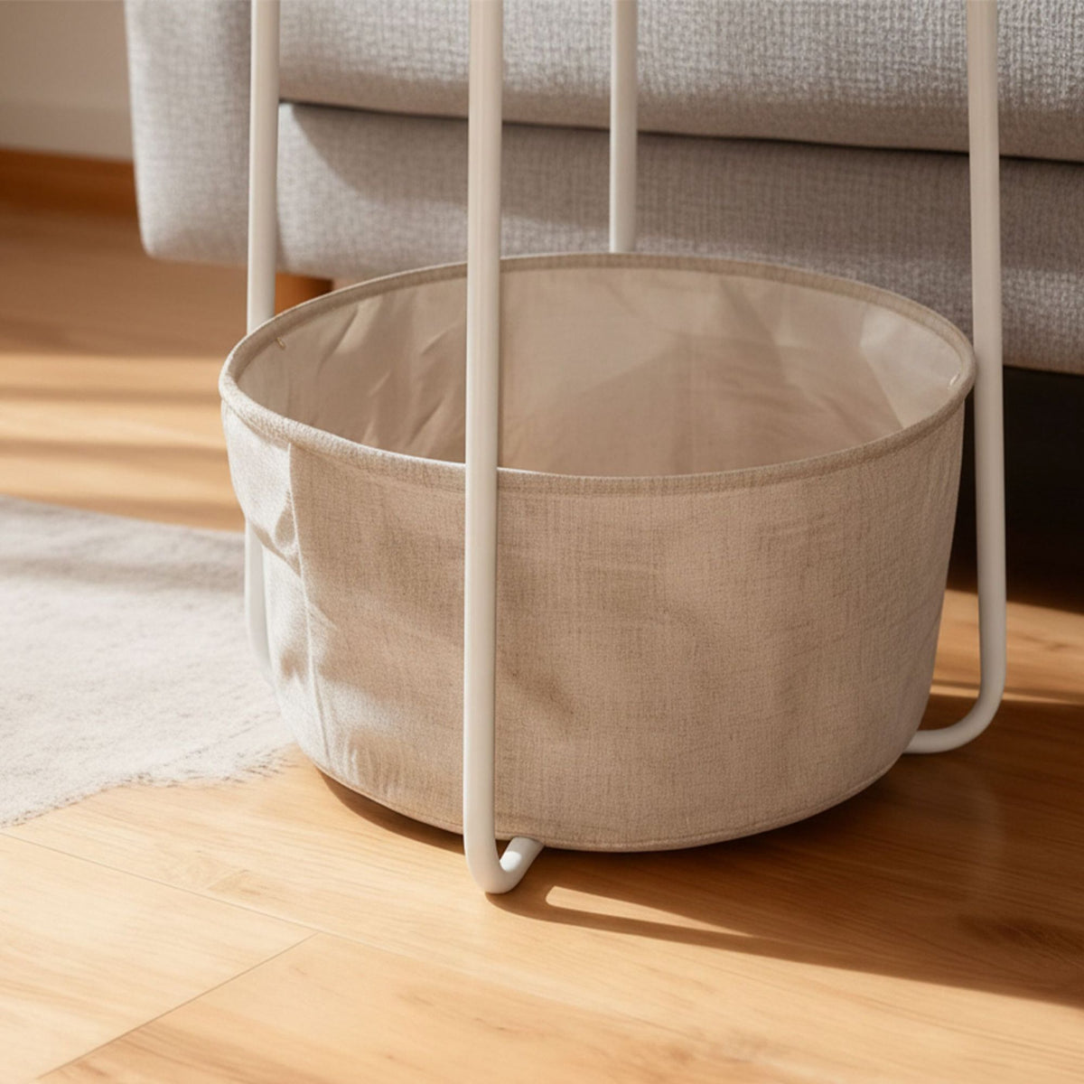 Round Side Table with Storage Basket, Metal Frame