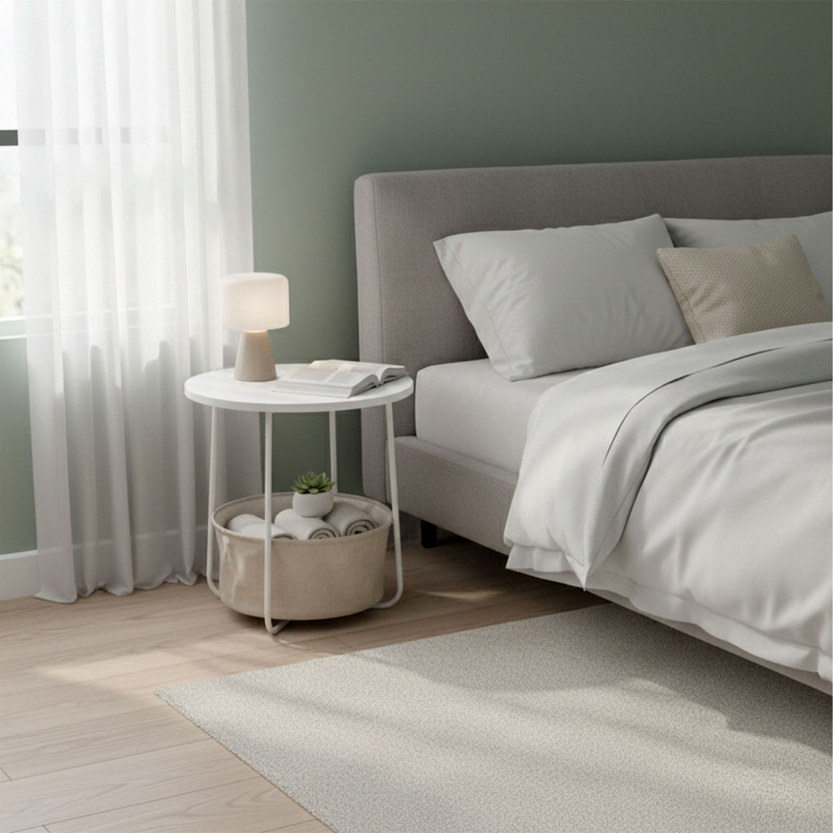 Round Side Table with Storage Basket, Metal Frame