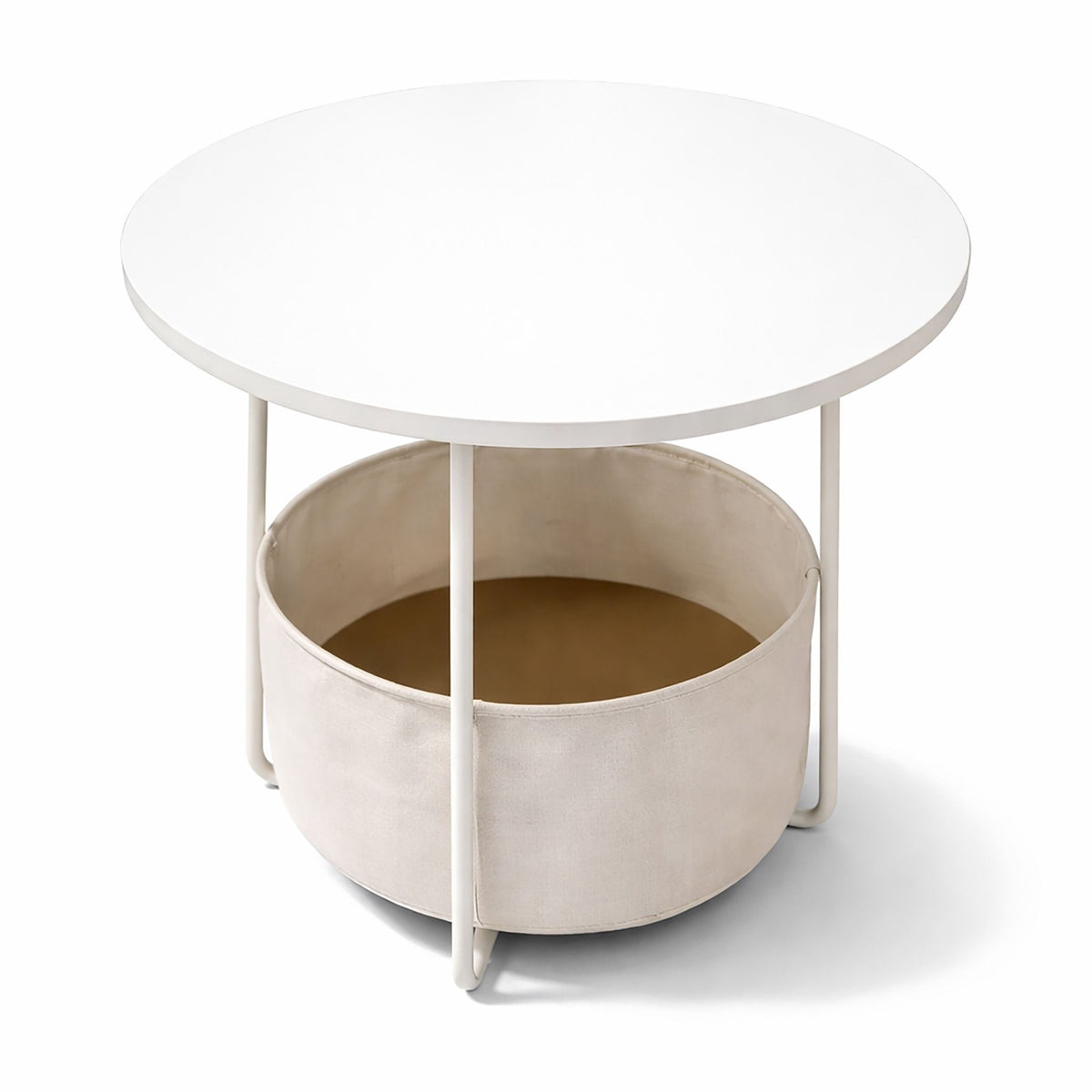 Round Side Table with Storage Basket – Metal Frame