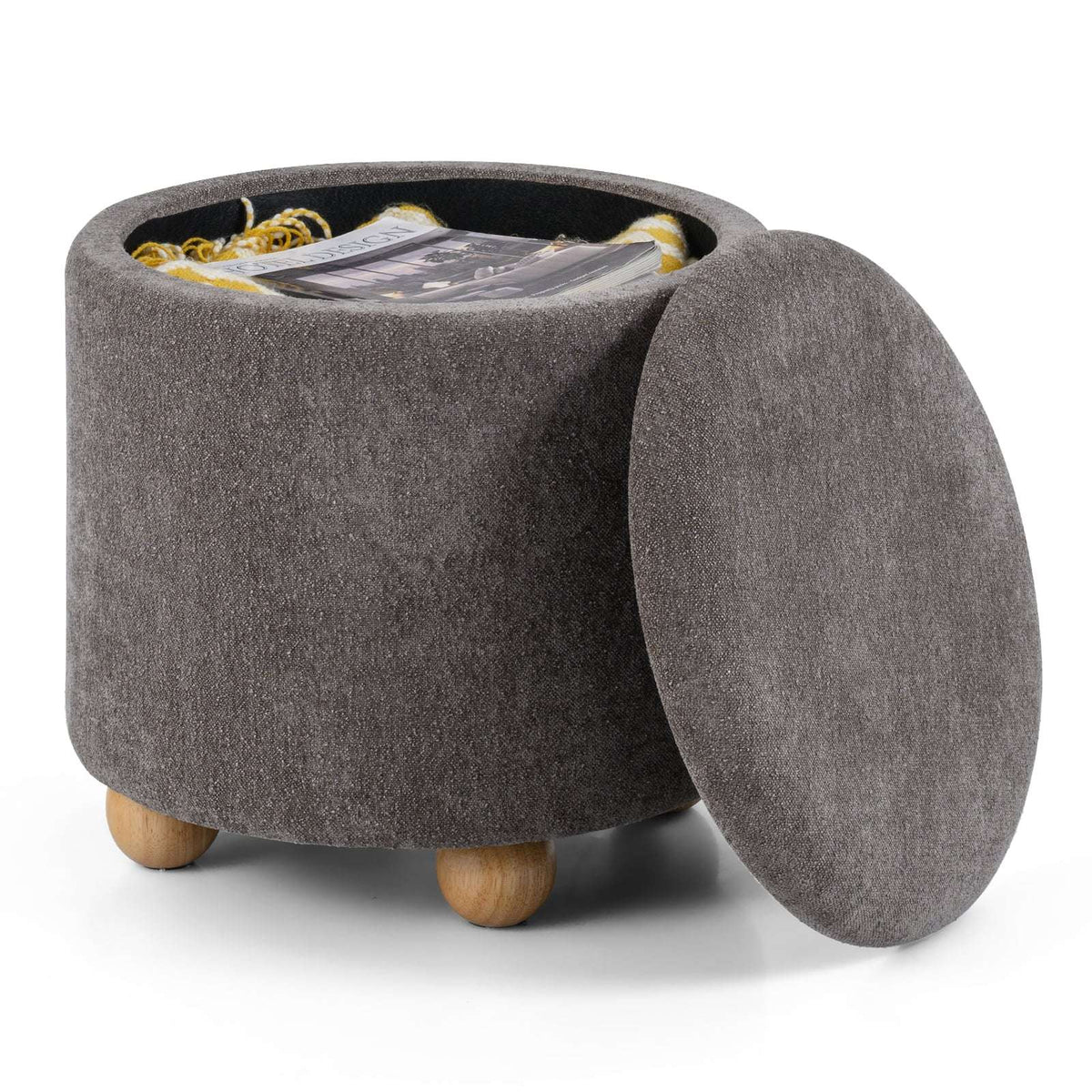 Round Storage Ottoman with Removable Lid, Gray Chenille