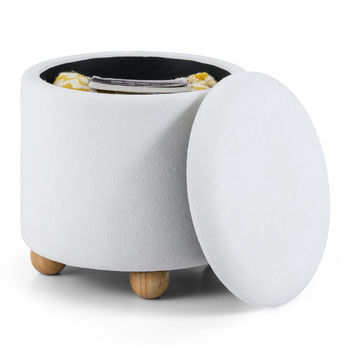 Round Storage Ottoman with Removable Lid, White Chenille