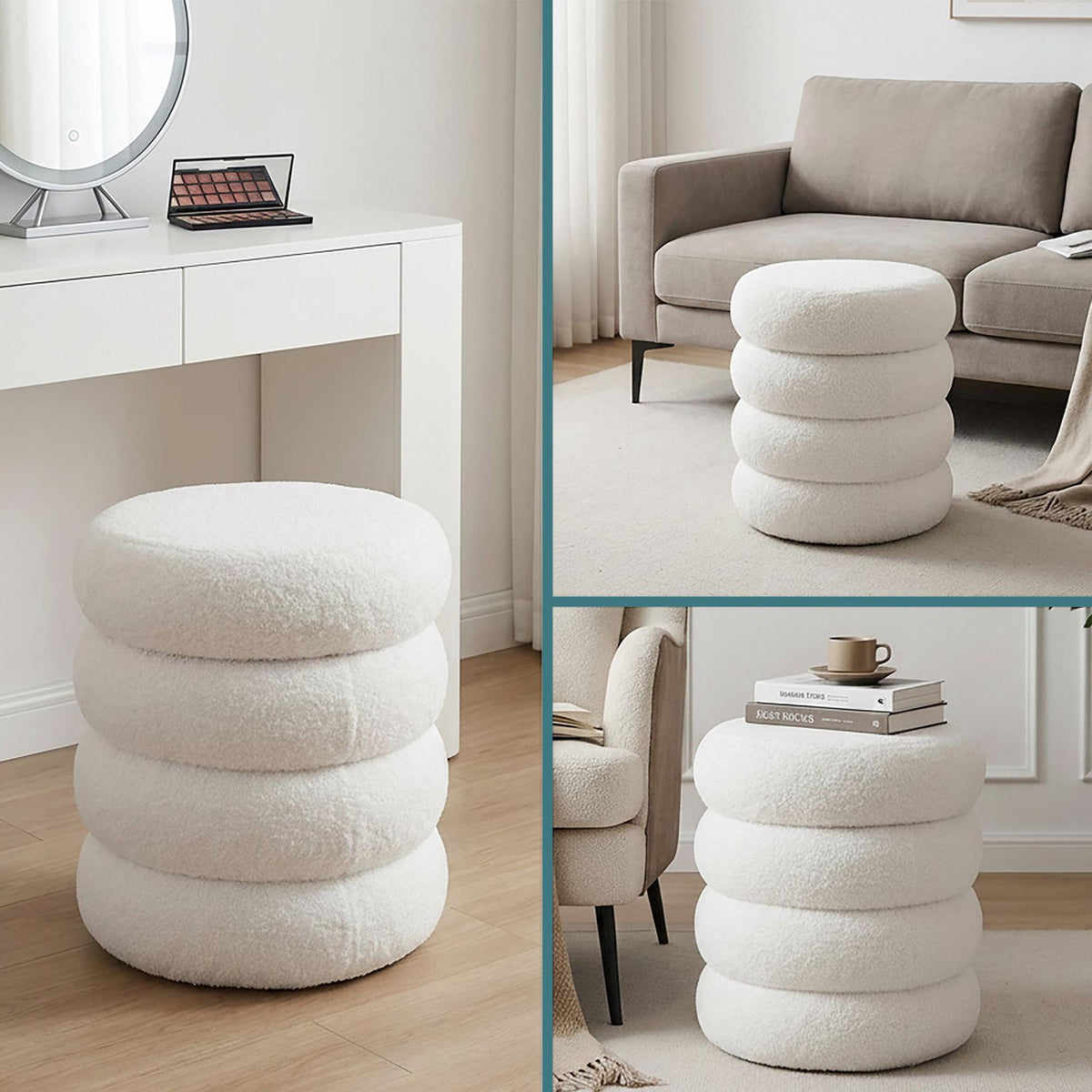 Round Teddy Fur Footstool, Plush Padded Seat