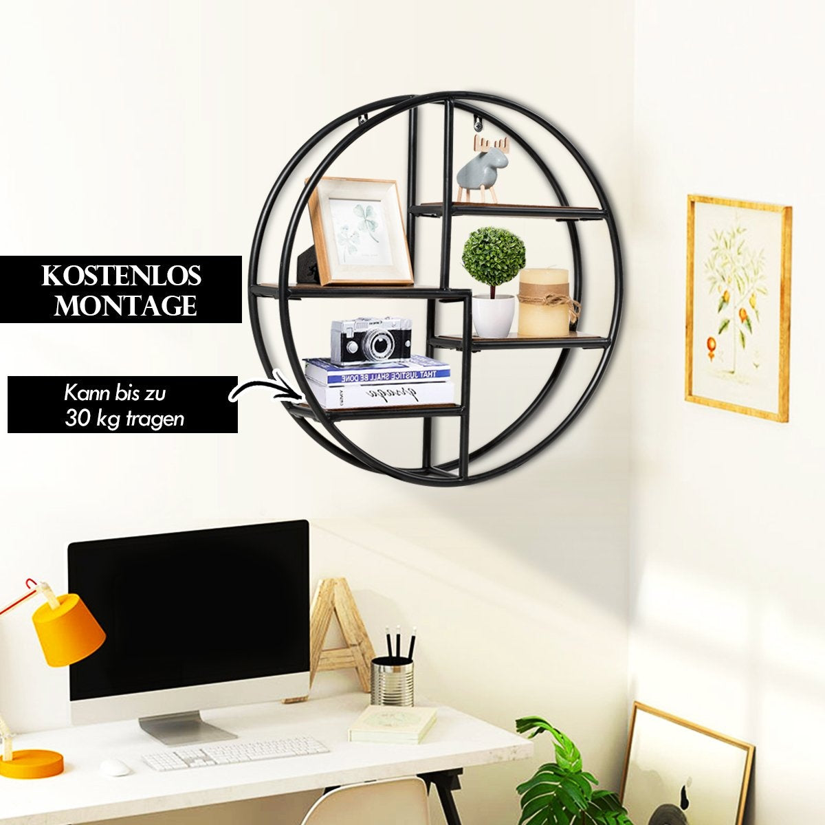 Round Wall Shelf with 4 Tiers, 55x55x11cm, Black