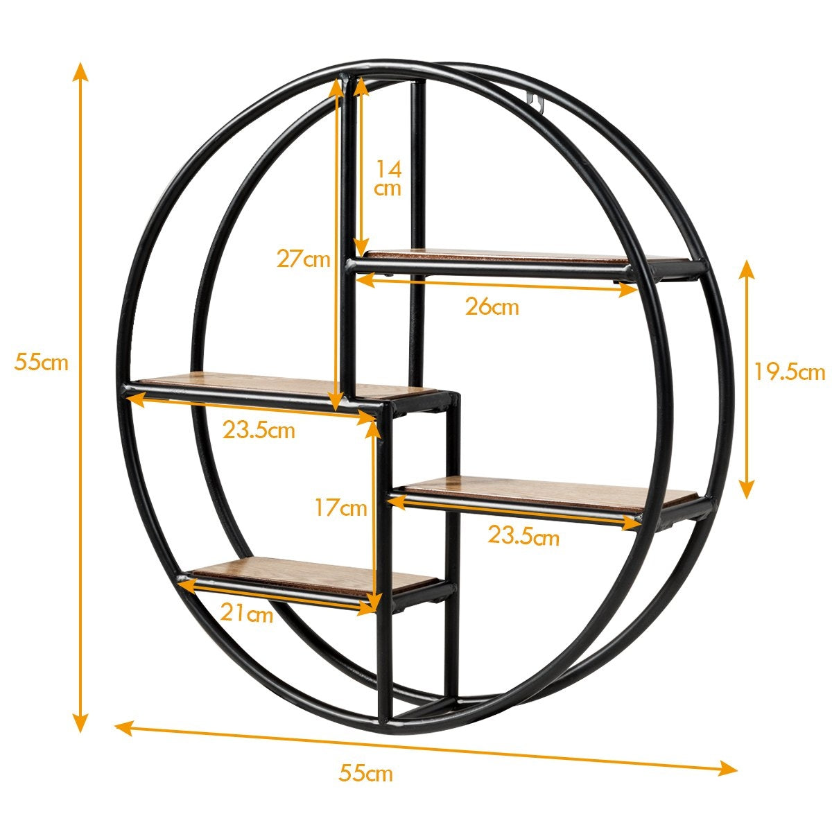 Round Wall Shelf with 4 Tiers, 55x55x11cm, Black