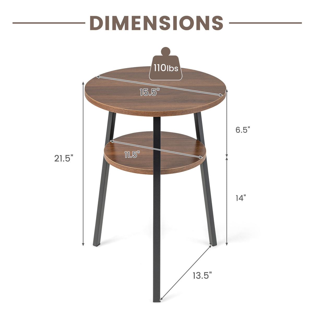 Round Walnut End Table with Metal Frame and Shelves