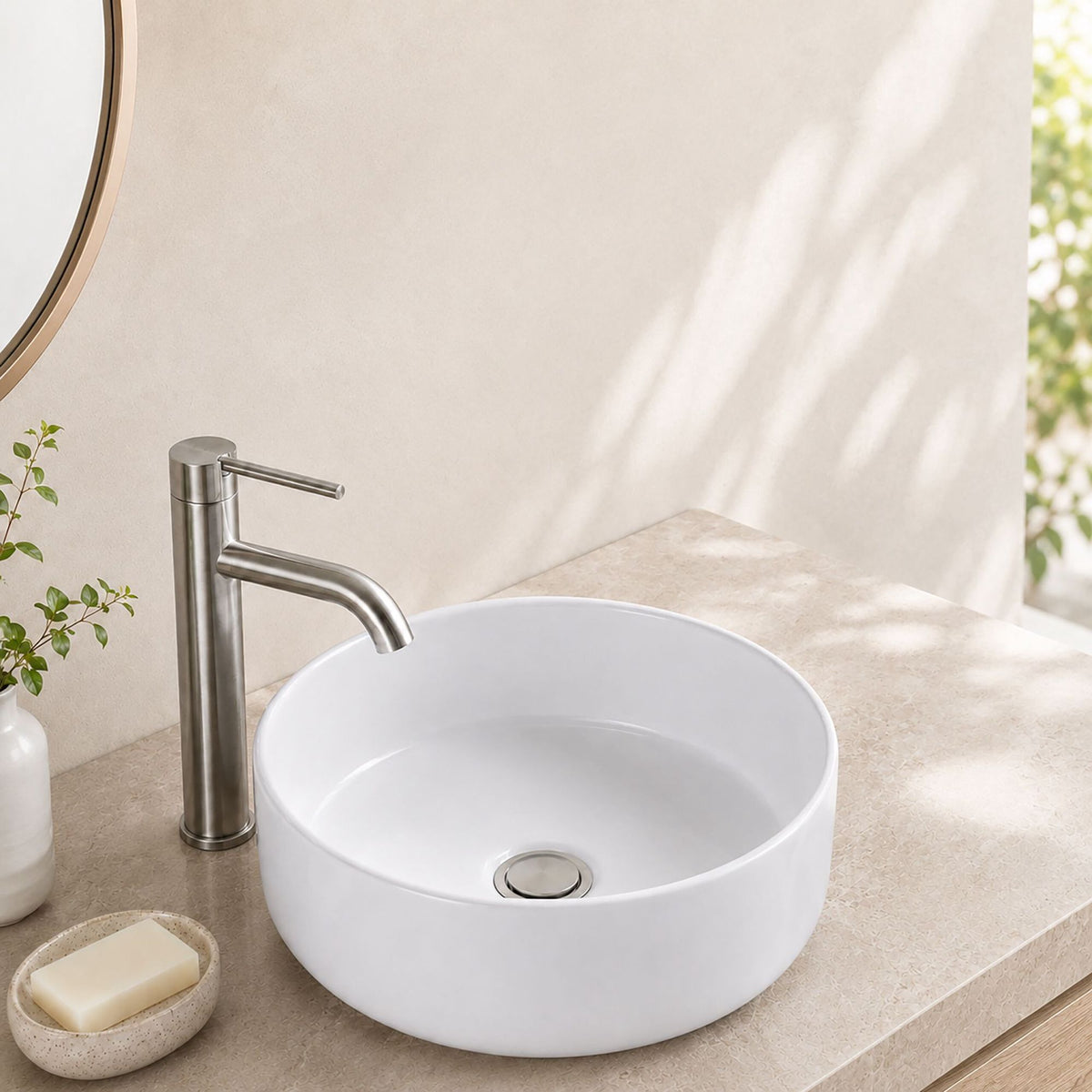 Round White Ceramic Countertop Basin, 30 x 30 cm