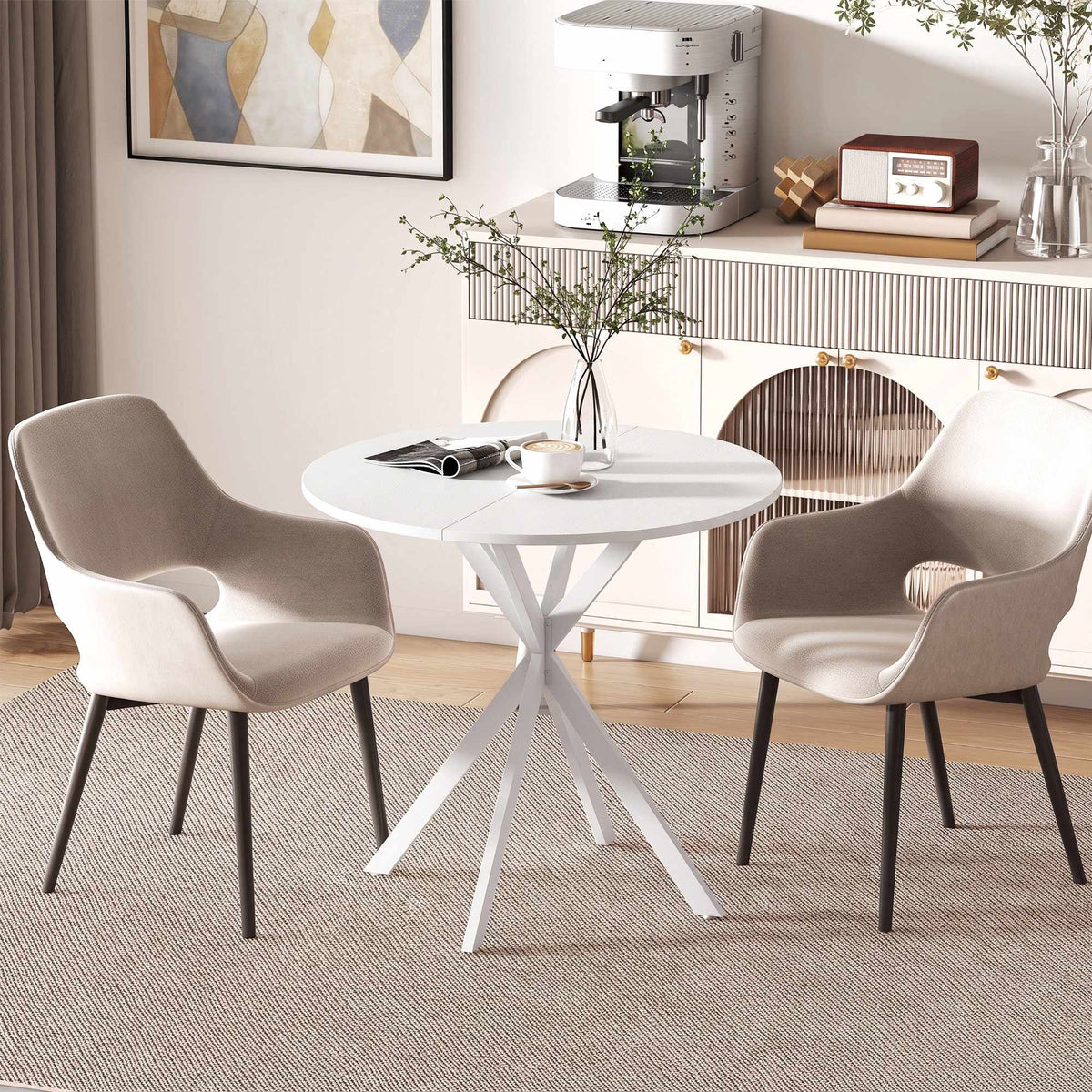 Round White Kitchen Table, 80 cm, Wood-Look Top, Metal Legs