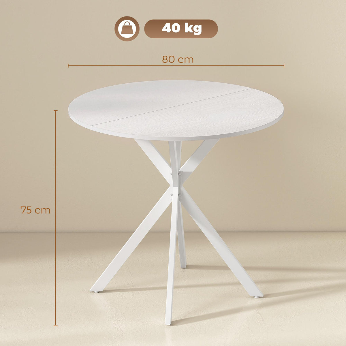 Round White Kitchen Table, 80 cm, Wood-Look Top, Metal Legs