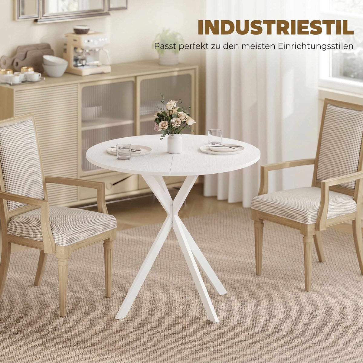 Round White Kitchen Table, 80 cm, Wood-Look Top, Metal Legs