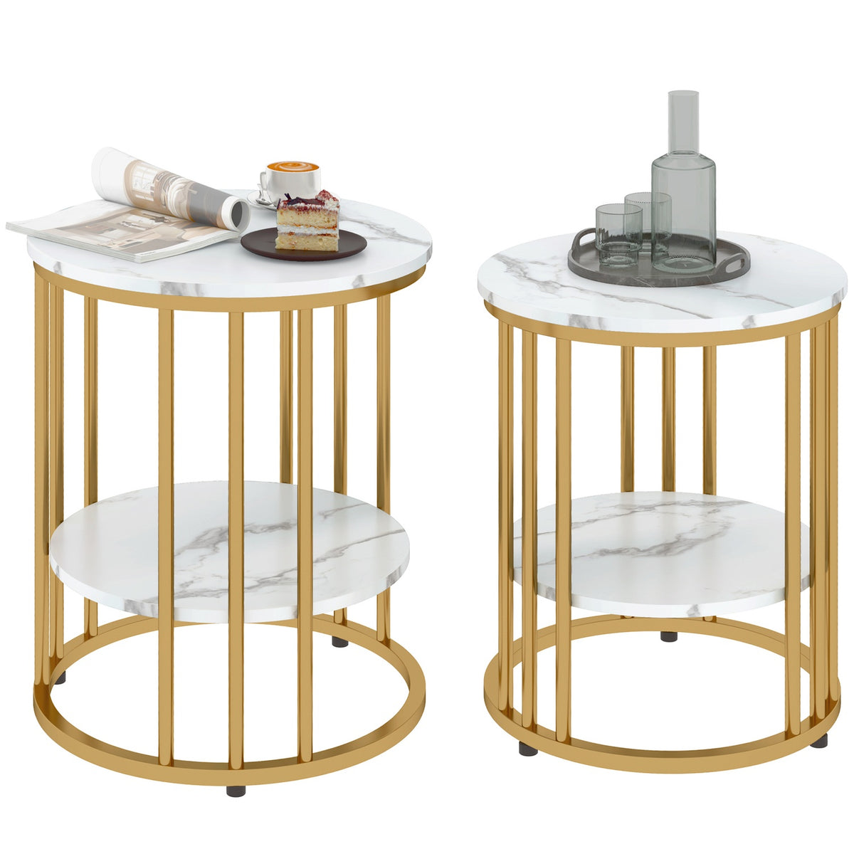 Round coffee table, set of 2, side table with shelf, steel frame, living room table in marble look, coffee table for living room, bedroom, white
