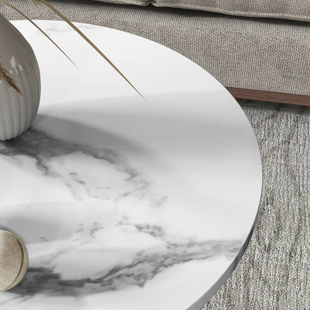Round coffee table, set of 2, side table with shelf, steel frame, living room table in marble look, coffee table for living room, bedroom, white