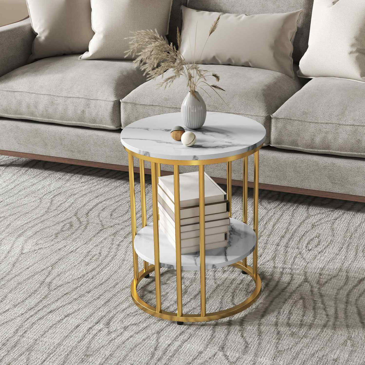 Round coffee table, set of 2, side table with shelf, steel frame, living room table in marble look, coffee table for living room, bedroom, white
