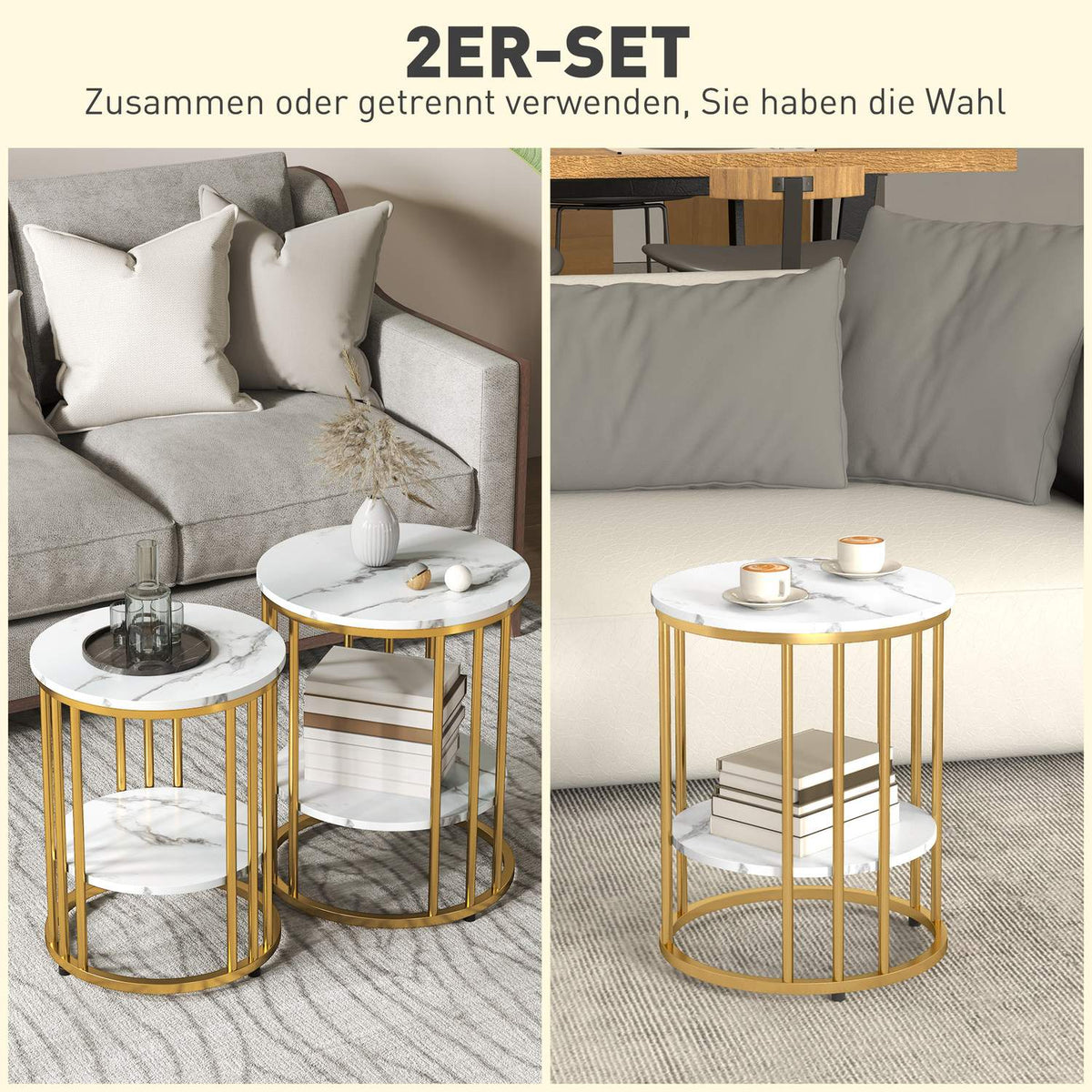 Round coffee table, set of 2, side table with shelf, steel frame, living room table in marble look, coffee table for living room, bedroom, white
