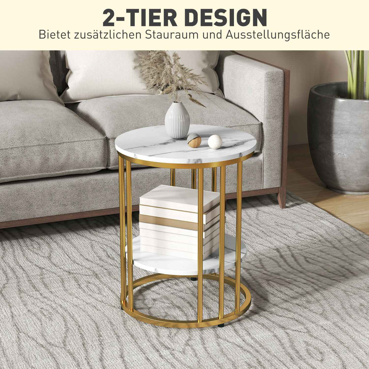 Round coffee table, set of 2, side table with shelf, steel frame, living room table in marble look, coffee table for living room, bedroom, white