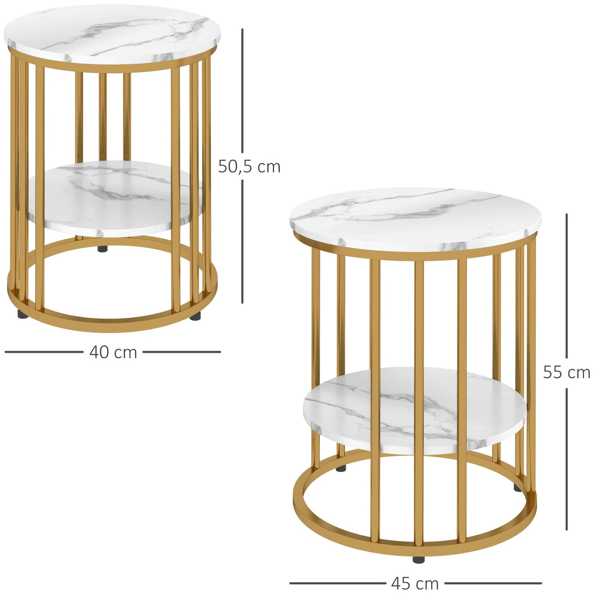 Round coffee table, set of 2, side table with shelf, steel frame, living room table in marble look, coffee table for living room, bedroom, white