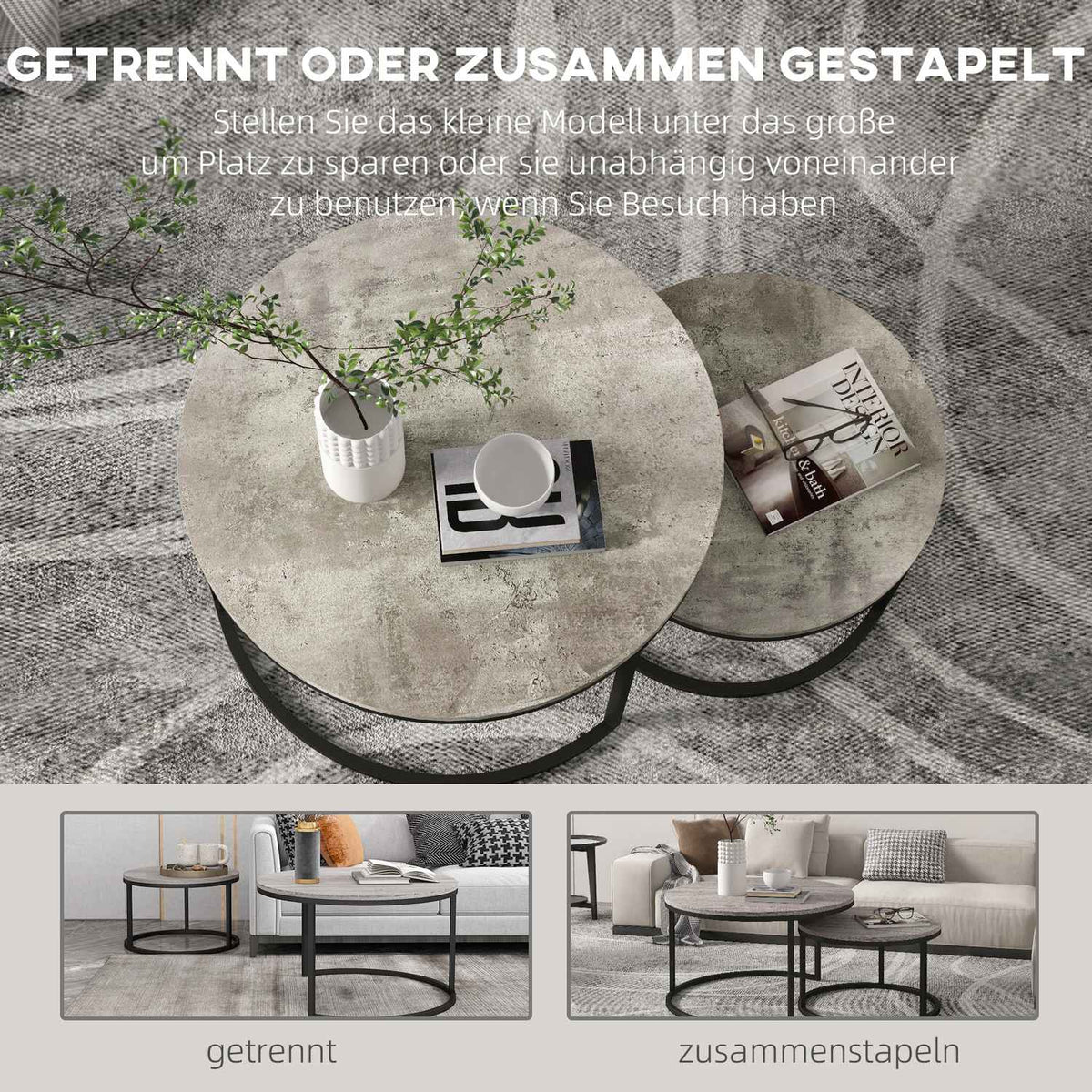 Round coffee table set of 2, stackable side table in marble look, nesting table with metal frame, sofa table for living room, bedroom, balcony, gray