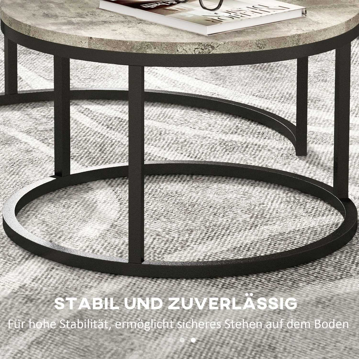 Round coffee table set of 2, stackable side table in marble look, nesting table with metal frame, sofa table for living room, bedroom, balcony, gray