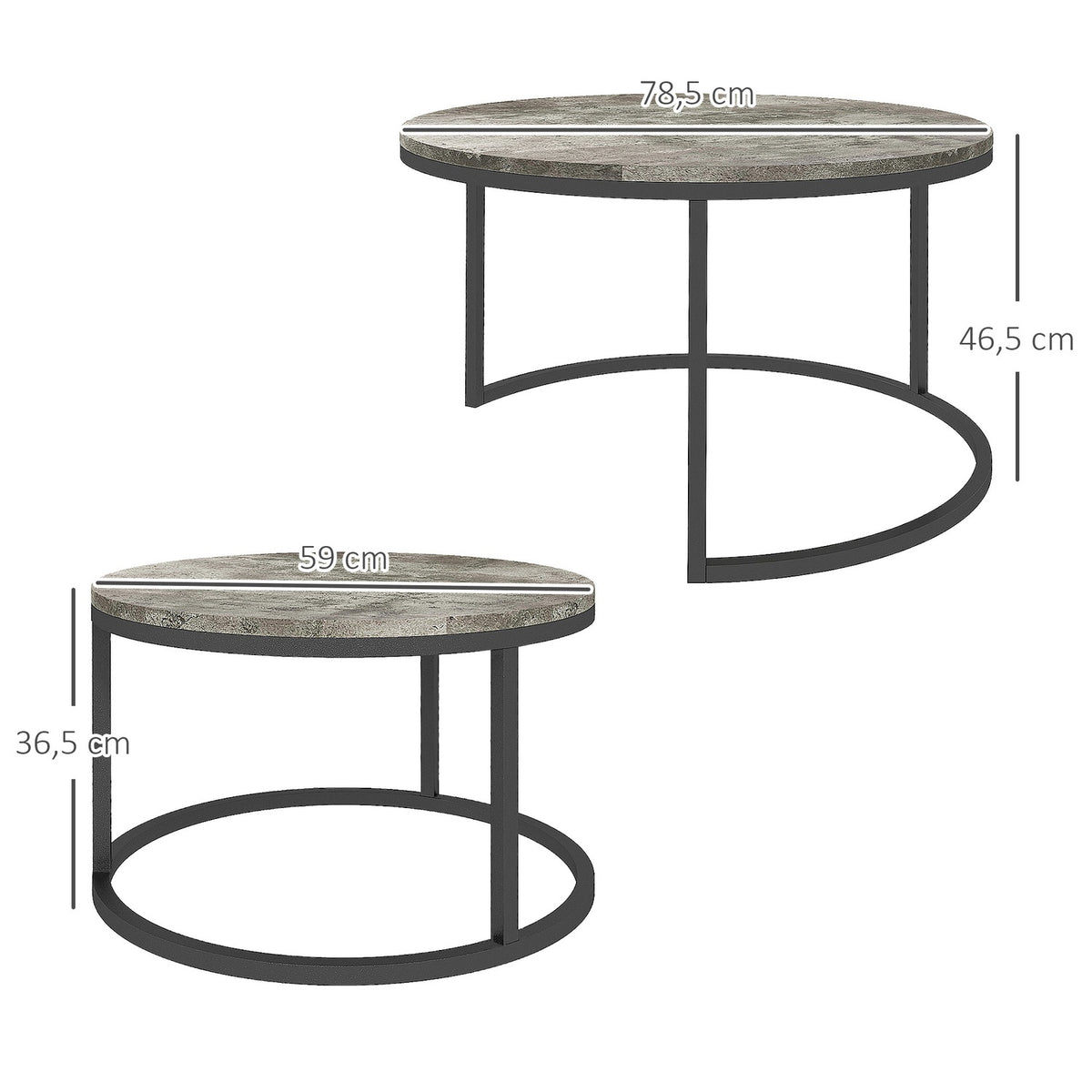 Round coffee table set of 2, stackable side table in marble look, nesting table with metal frame, sofa table for living room, bedroom, balcony, gray
