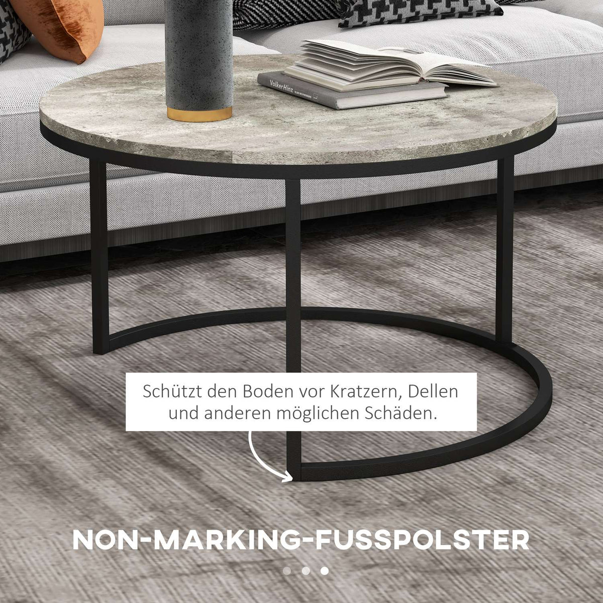 Round coffee table set of 2, stackable side table in marble look, nesting table with metal frame, sofa table for living room, bedroom, balcony, gray