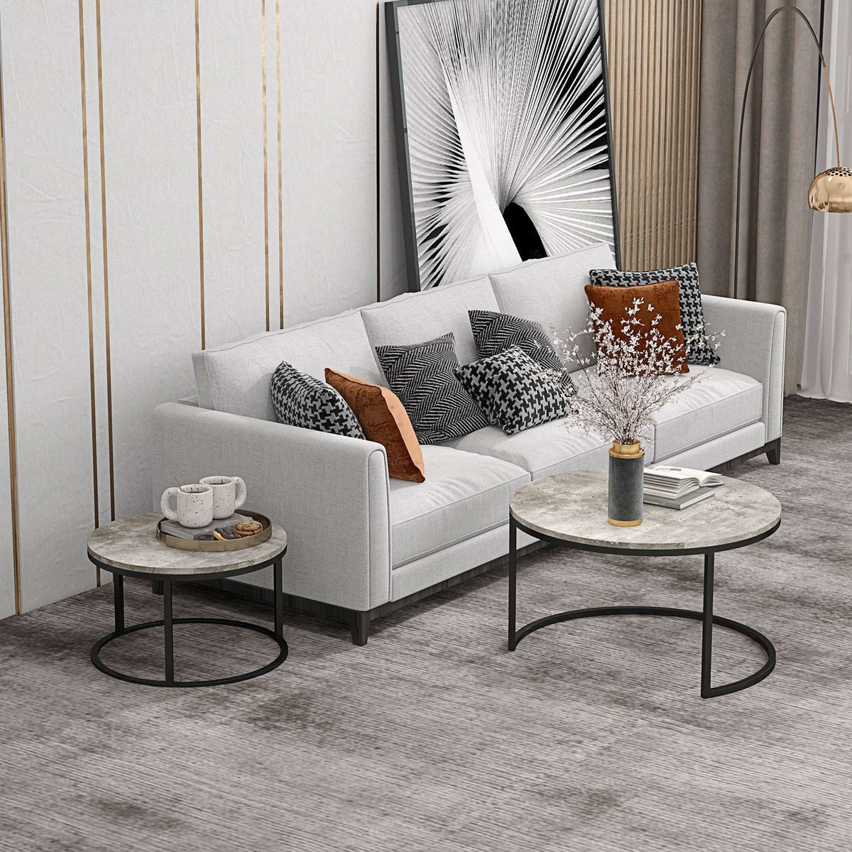 Round coffee table set of 2, stackable side table in marble look, nesting table with metal frame, sofa table for living room, bedroom, balcony, gray
