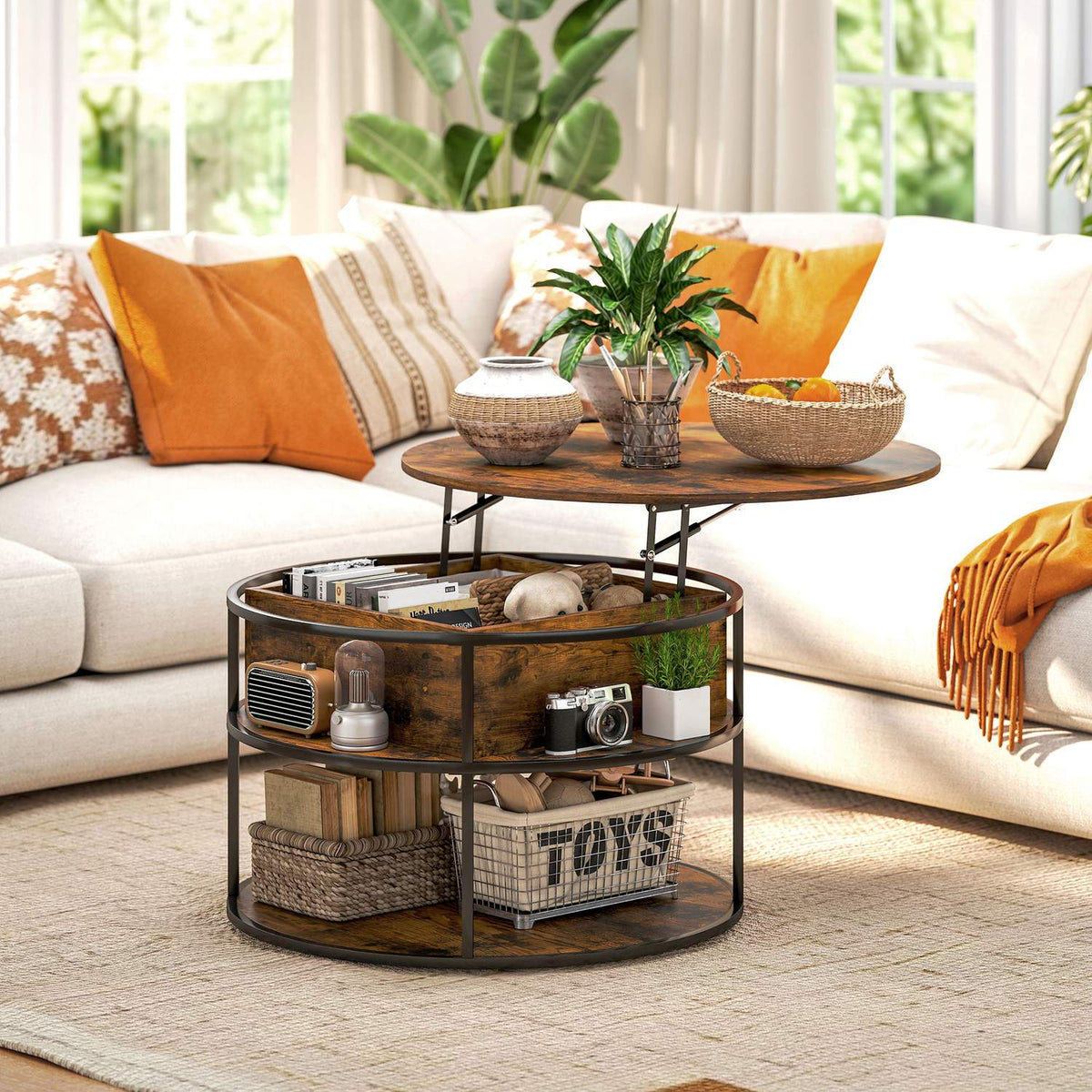 Round coffee table with liftable tabletop, storage space, side shelves, steel frame, coffee table, brown