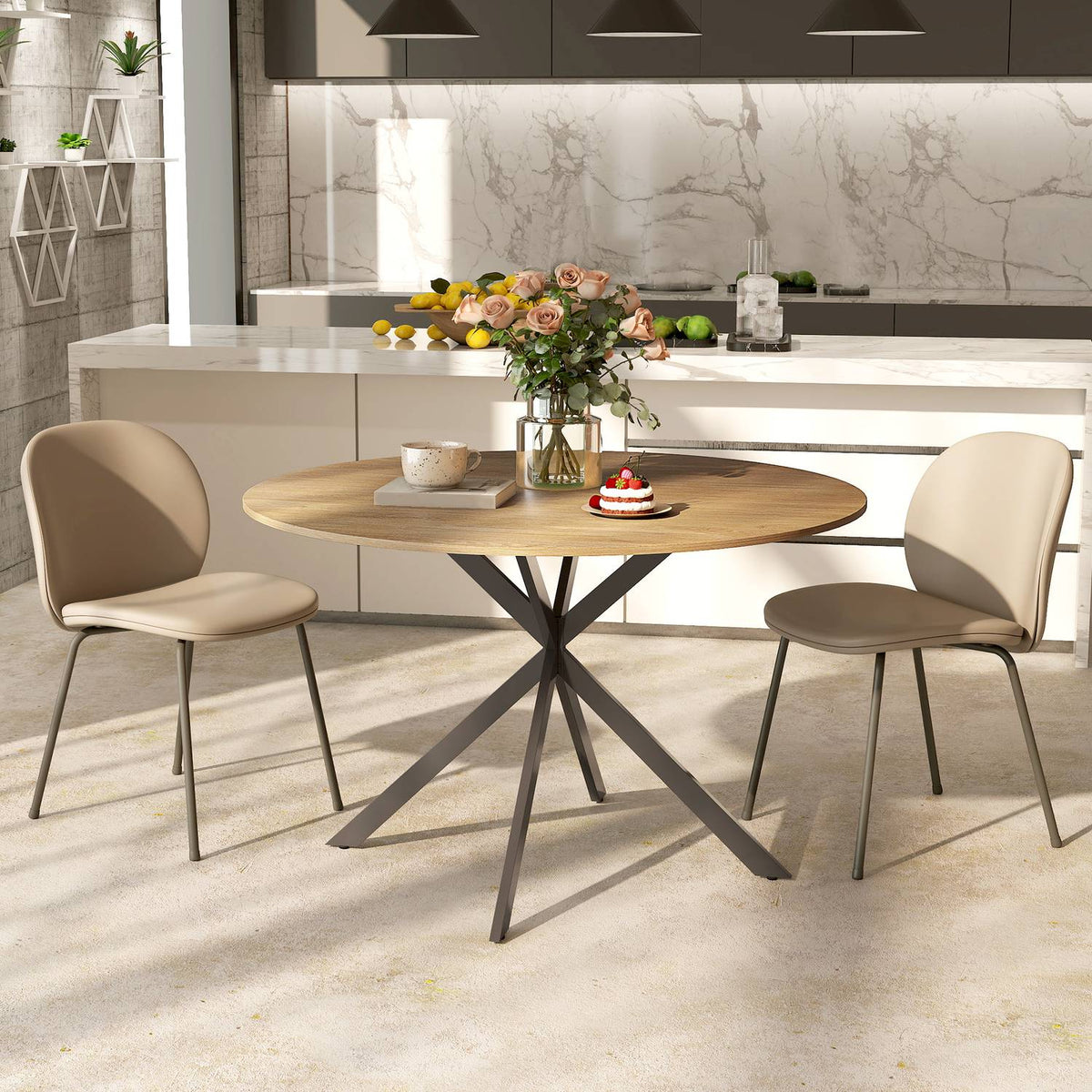 Round dining table for 4 people, industrial style kitchen table with steel legs, for dining room, kitchen, oak