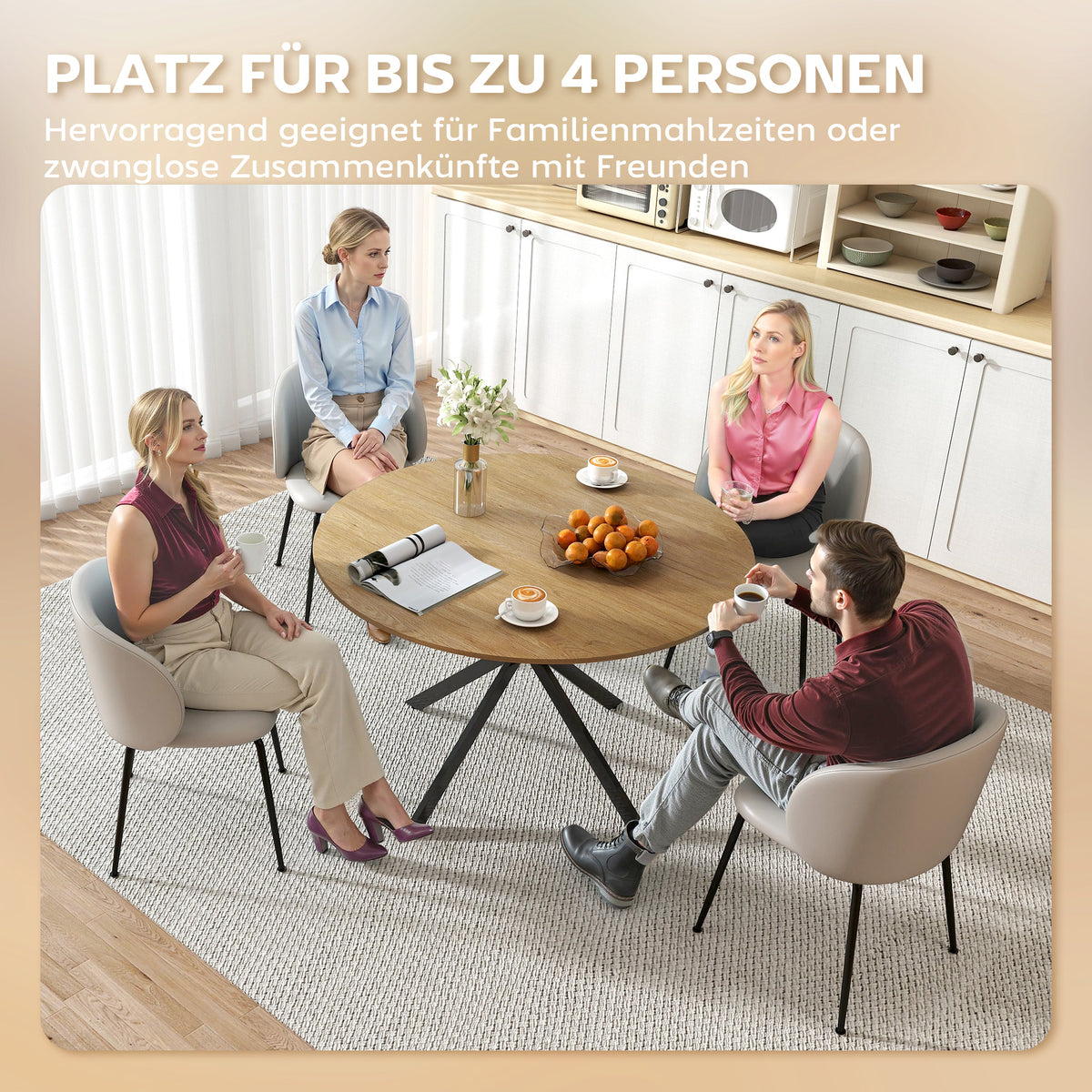 Round dining table for 4 people, industrial style kitchen table with steel legs, for dining room, kitchen, oak