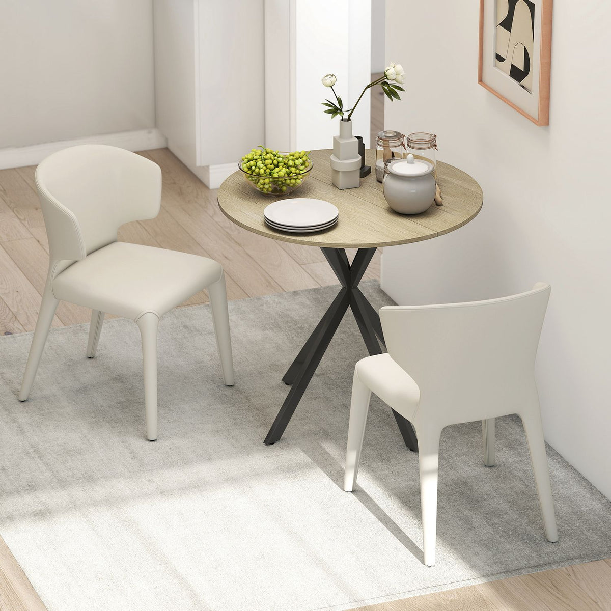 Round kitchen table, 80 cm, compact table top, chipboard, metal, white oak+black
