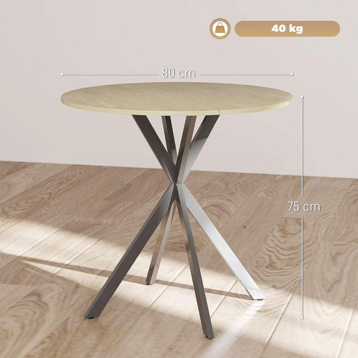 Round kitchen table, 80 cm, compact table top, chipboard, metal, white oak+black
