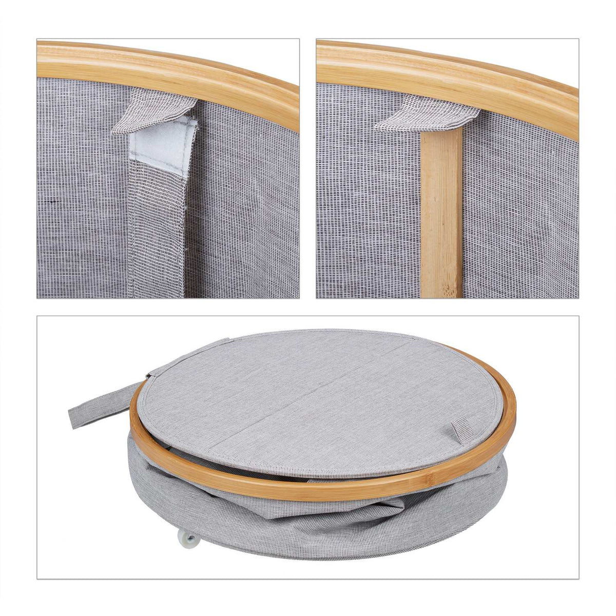 Round laundry basket in fabric and bamboo