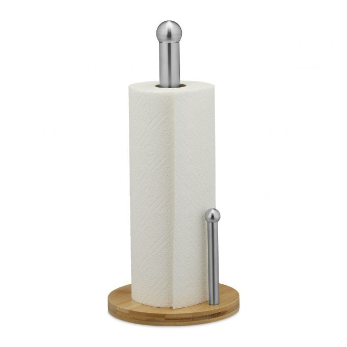 Round paper towel holder with roll stop