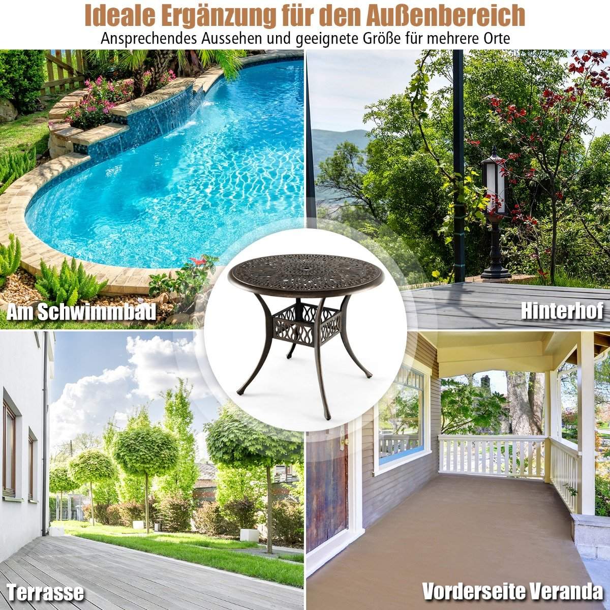 Round patio dining table bistro table made of cast aluminum with umbrella hole Ø90 x 74 cm brown