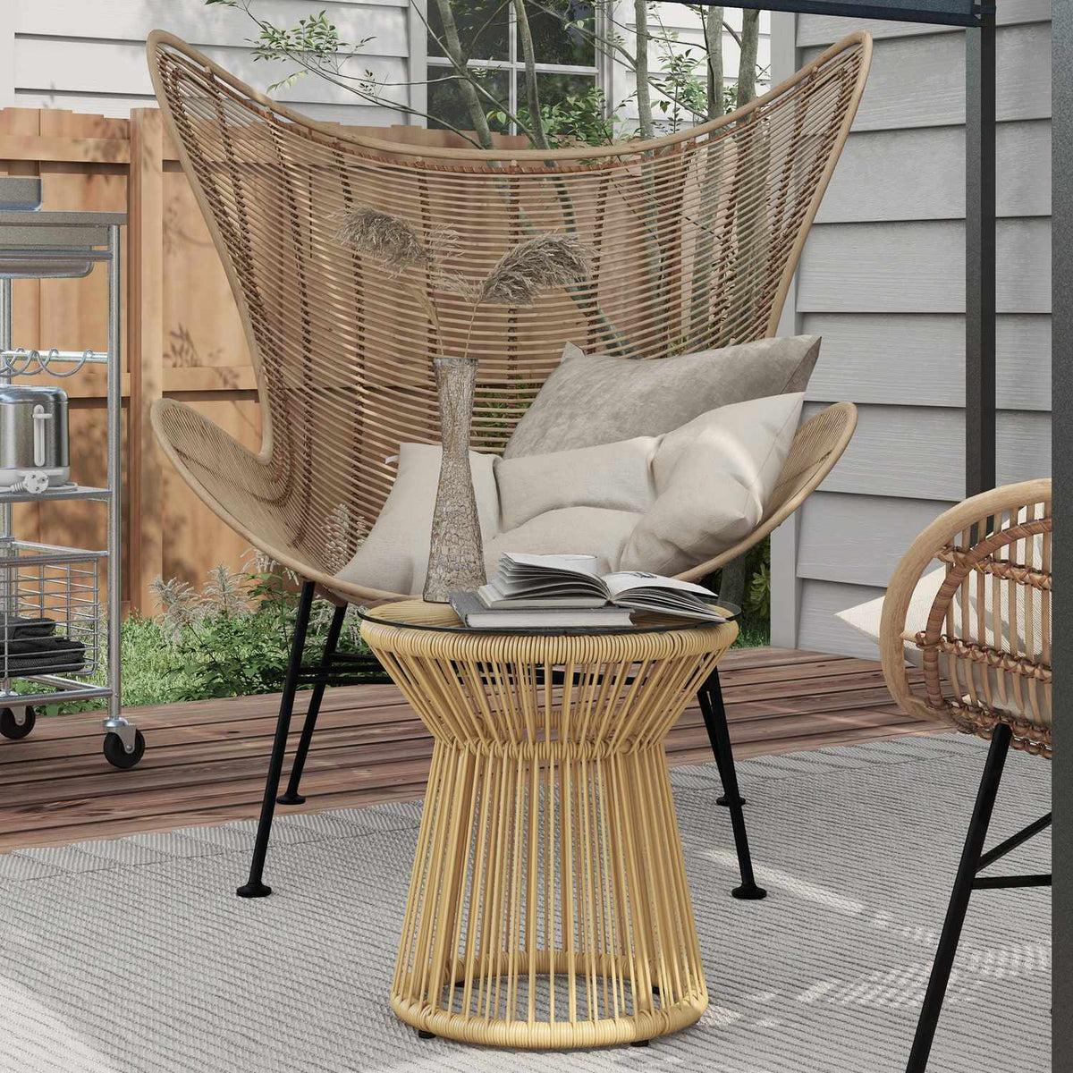 Round side table coffee table with glass table top hollow drum design garden table for patio metal beige