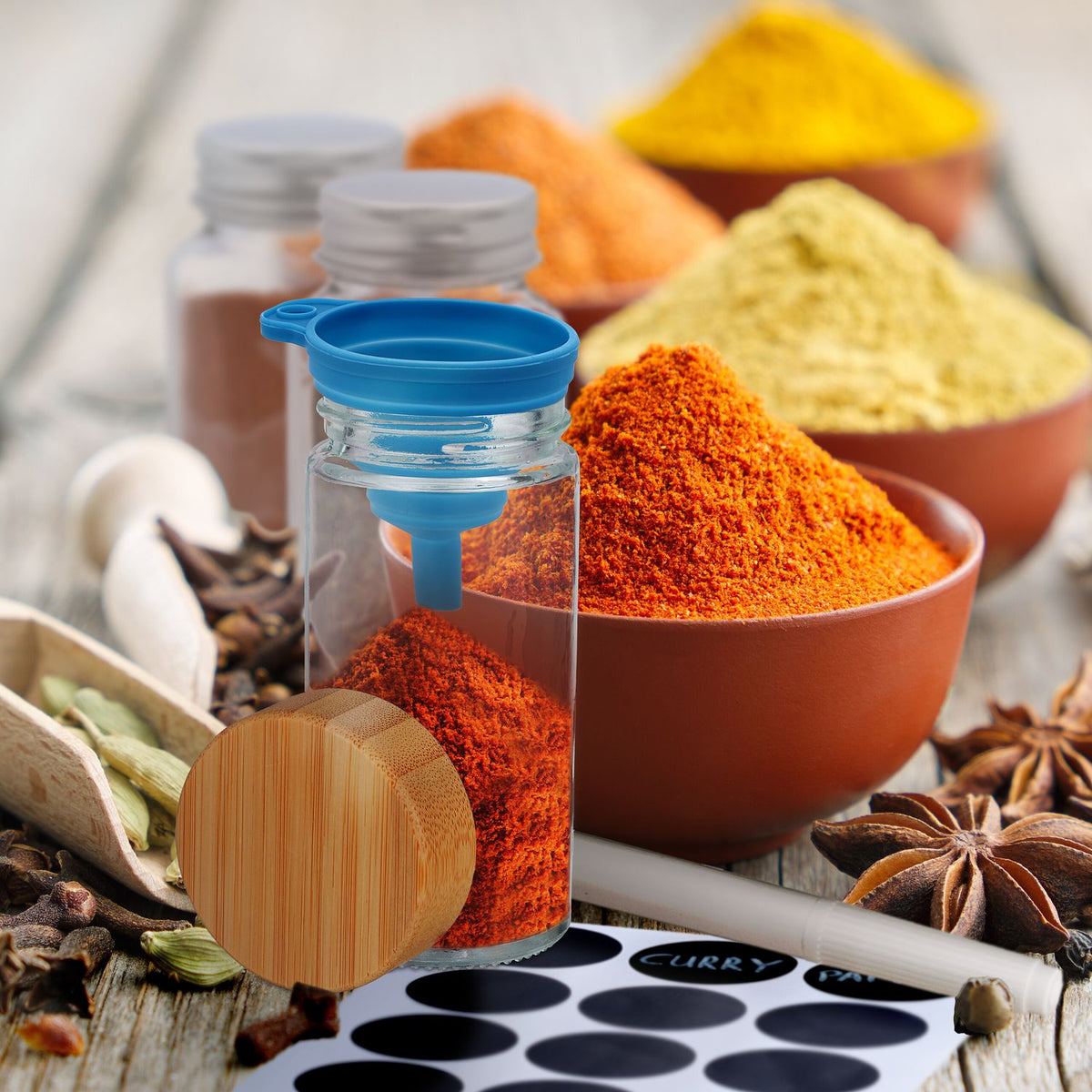 Round spice jars with bamboo lids