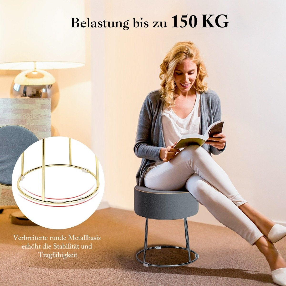 Round stool footstool made of velvet with metal legs, upholstered dressing stool, can hold up to 150 kg, grey