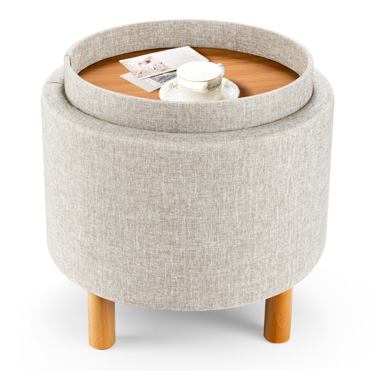 Round stool with storage space &amp; Removable lid can hold up to 150 kg. Beige footstool