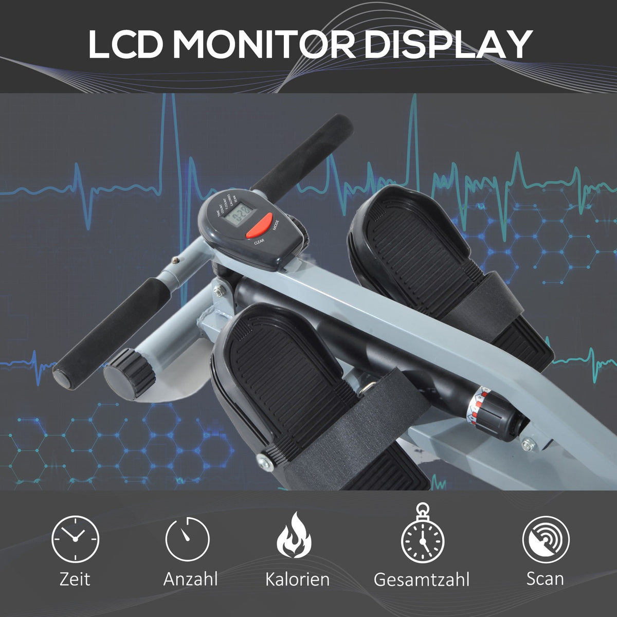 Rowing Machine Rowing Machine With Lcd Fitness Device Rowing Machine Exercise Bike, With Lcd Display, Steel + Pvc, Gray, 130X47.5X67Cm