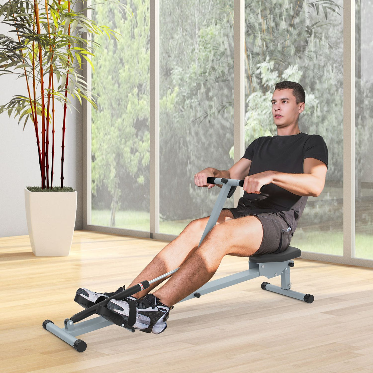 Rowing Machine Rowing Machine With Lcd Fitness Device Rowing Machine Exercise Bike, With Lcd Display, Steel + Pvc, Gray, 130X47.5X67Cm