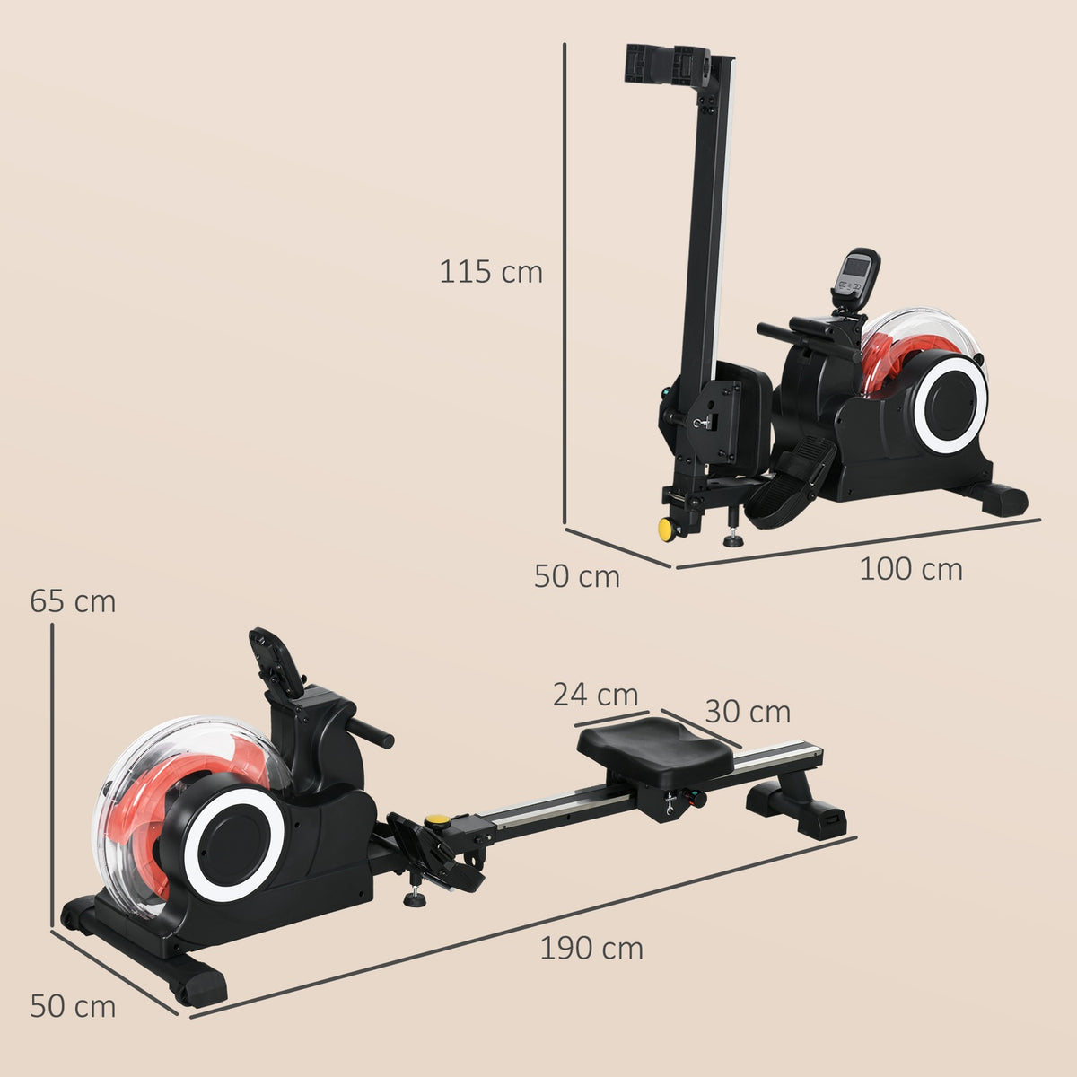 Rowing machine for home, foldable rowing machine with water resistance, water rowing machine with LCD display, tablet stand, wheels