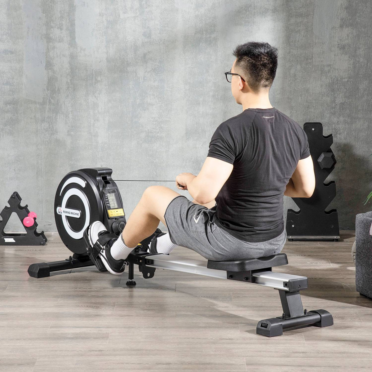 Rowing machine for home, folding rowing machine with 8 levels magnetic brake system, LCD display, for full body training, aluminum, black